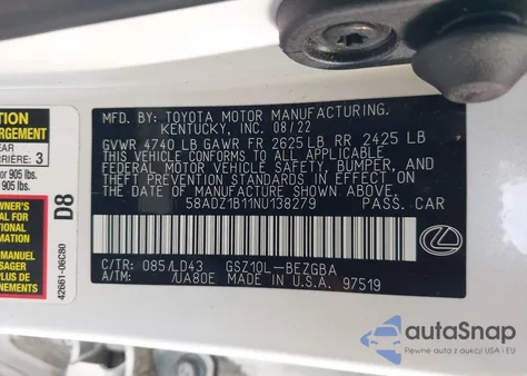 2022 Lexus Es 350 из США, поврежденный, VIN 58ADZ1B11NU138279